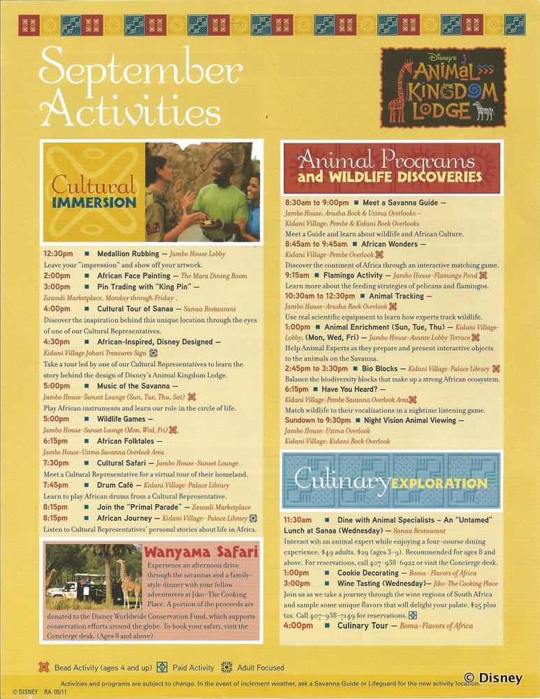 2011 September Activities Guide: Front | Disney's Animal Kingdom Lodge