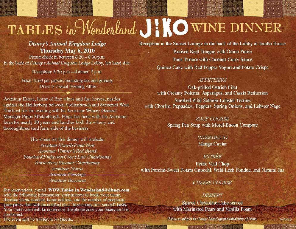 May Jiko Wine Dinner for Tables in Wonderland Members Disney's Animal